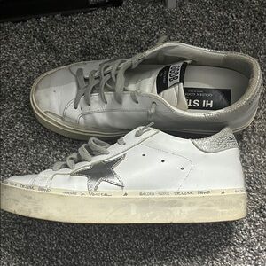 Authentic Golden Goose Hi Star Deluxe Brand White Sneakers with Silver Star